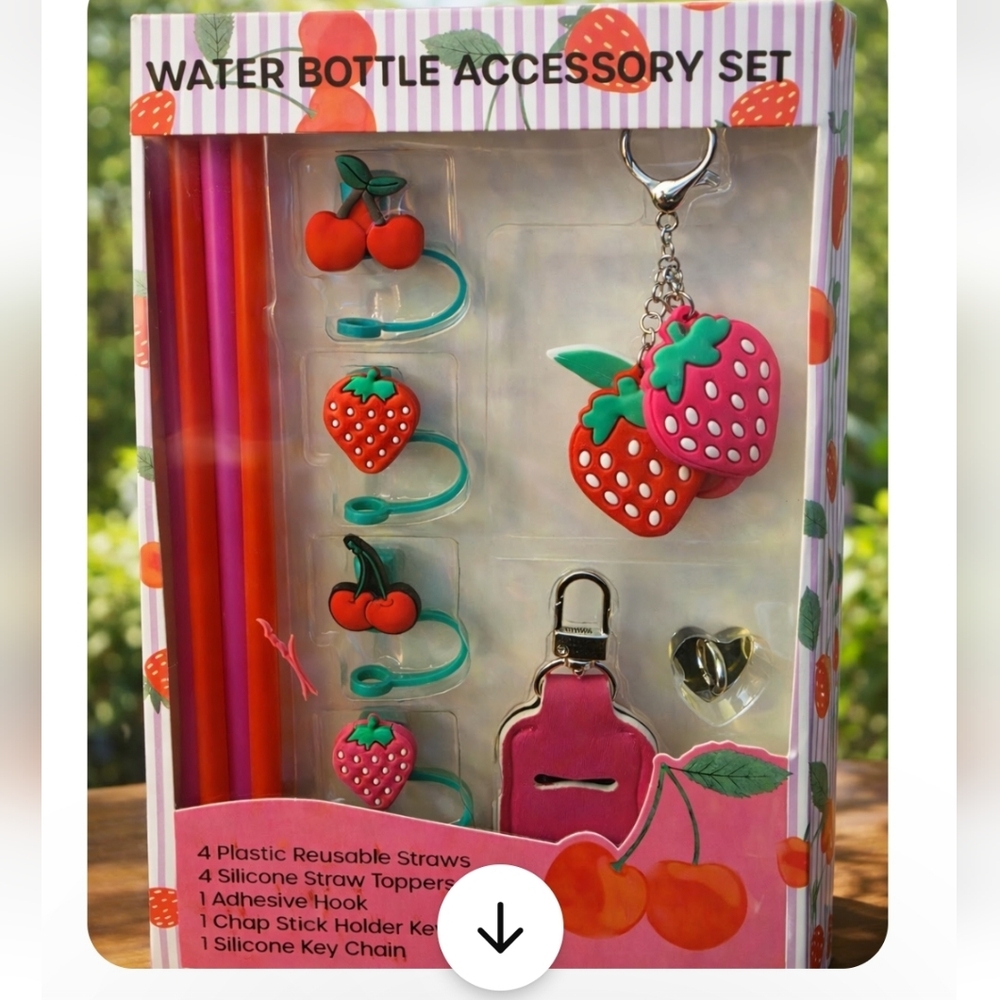 Strawberry & Cherry Waterbottle Accessory Set with Pink Keychain.